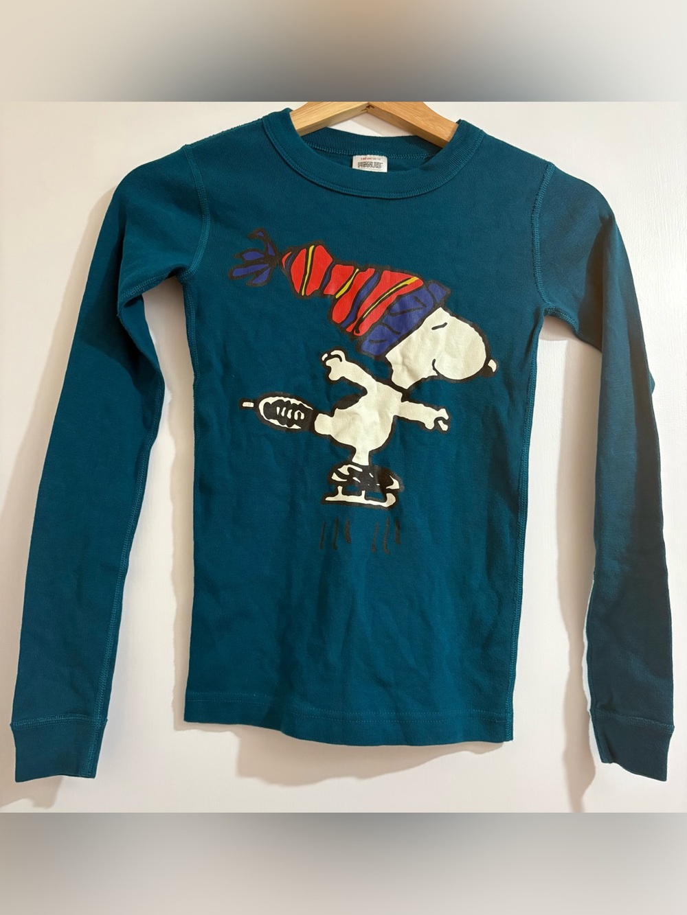 Hanna Andersson Peanuts Ice Skating Snoopy Teal Blue Long Sleeve Pajama Shirt 10